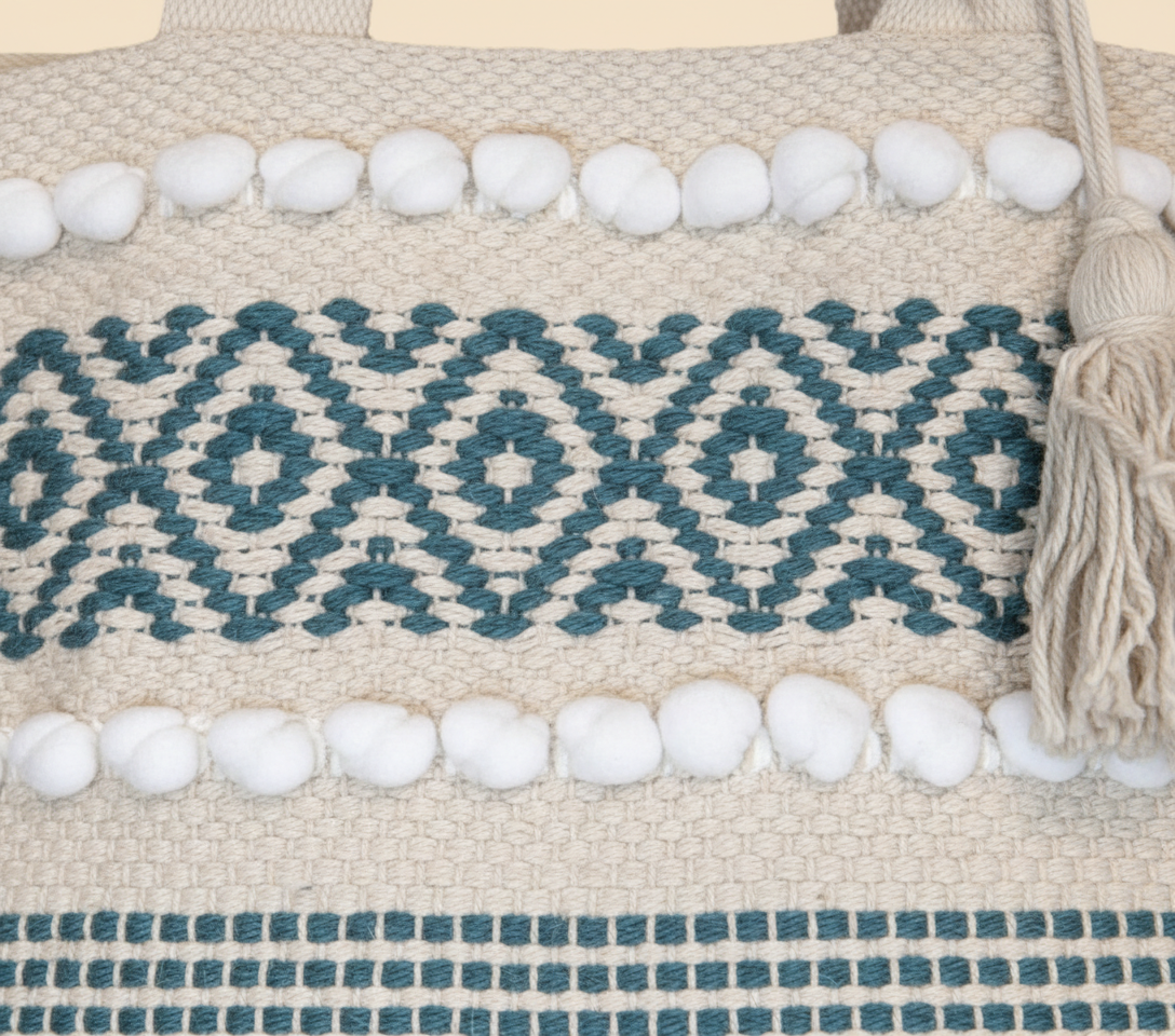 Close-up of Indigo Grid artisan weave texture on tote bag