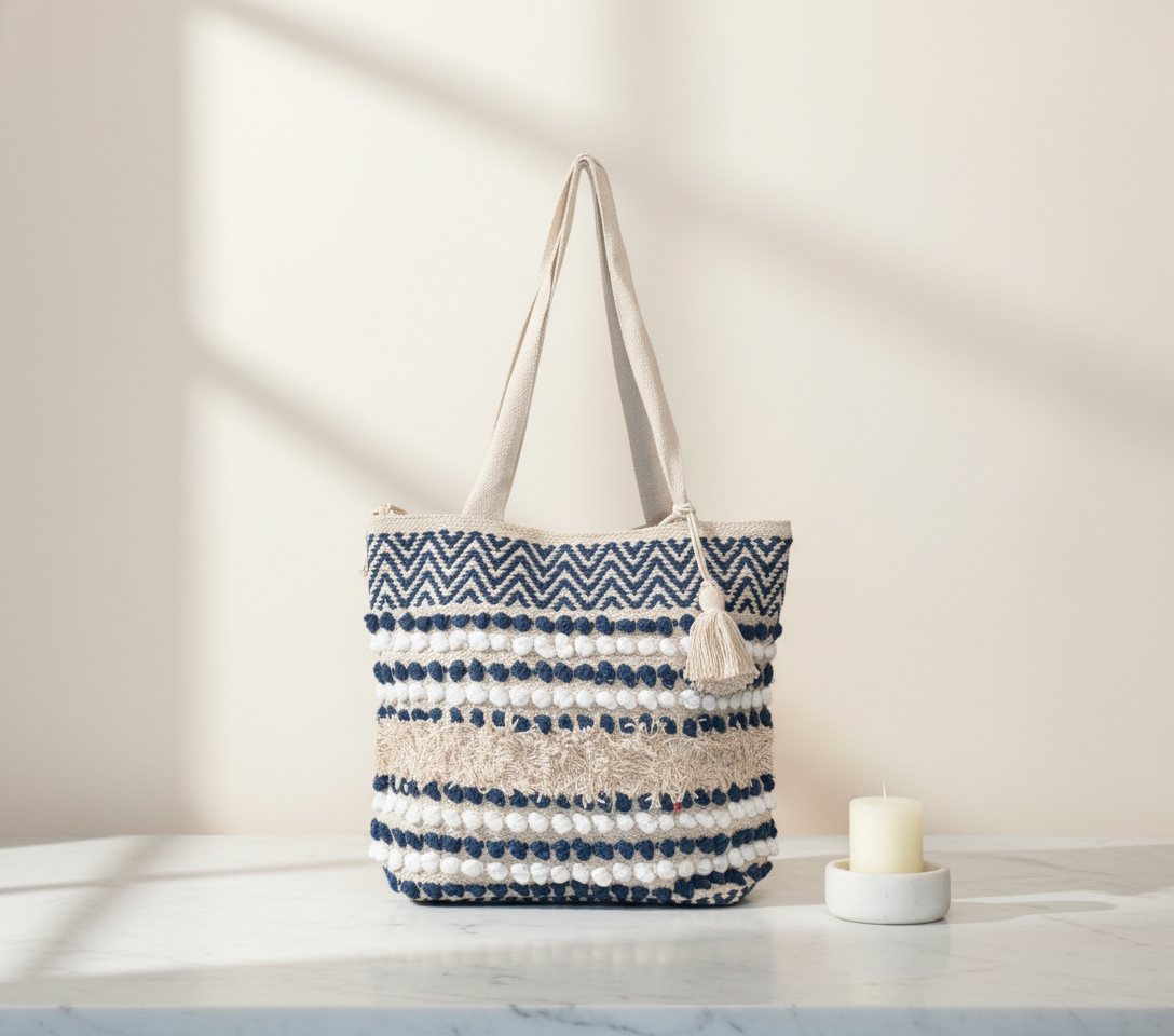 Woven Earth Azure Chevron tote bag front view — Mystic Dhaga
