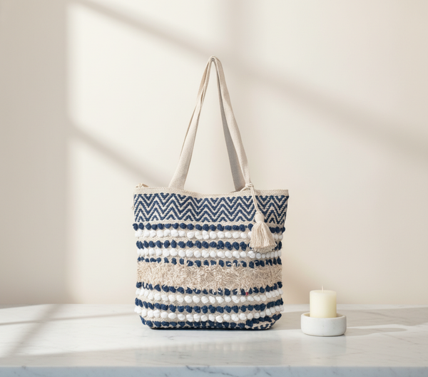 Woven Earth Azure Chevron tote bag front view — Mystic Dhaga