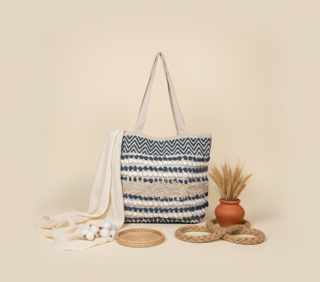 Model walking with Woven Earth Azure Chevron tote bag — lifestyle shot