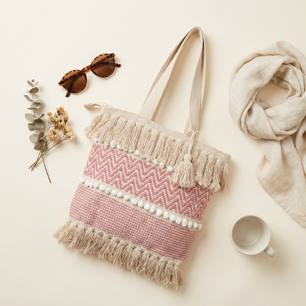 Woven Earth Rose Twill tote bag front view — Mystic Dhaga