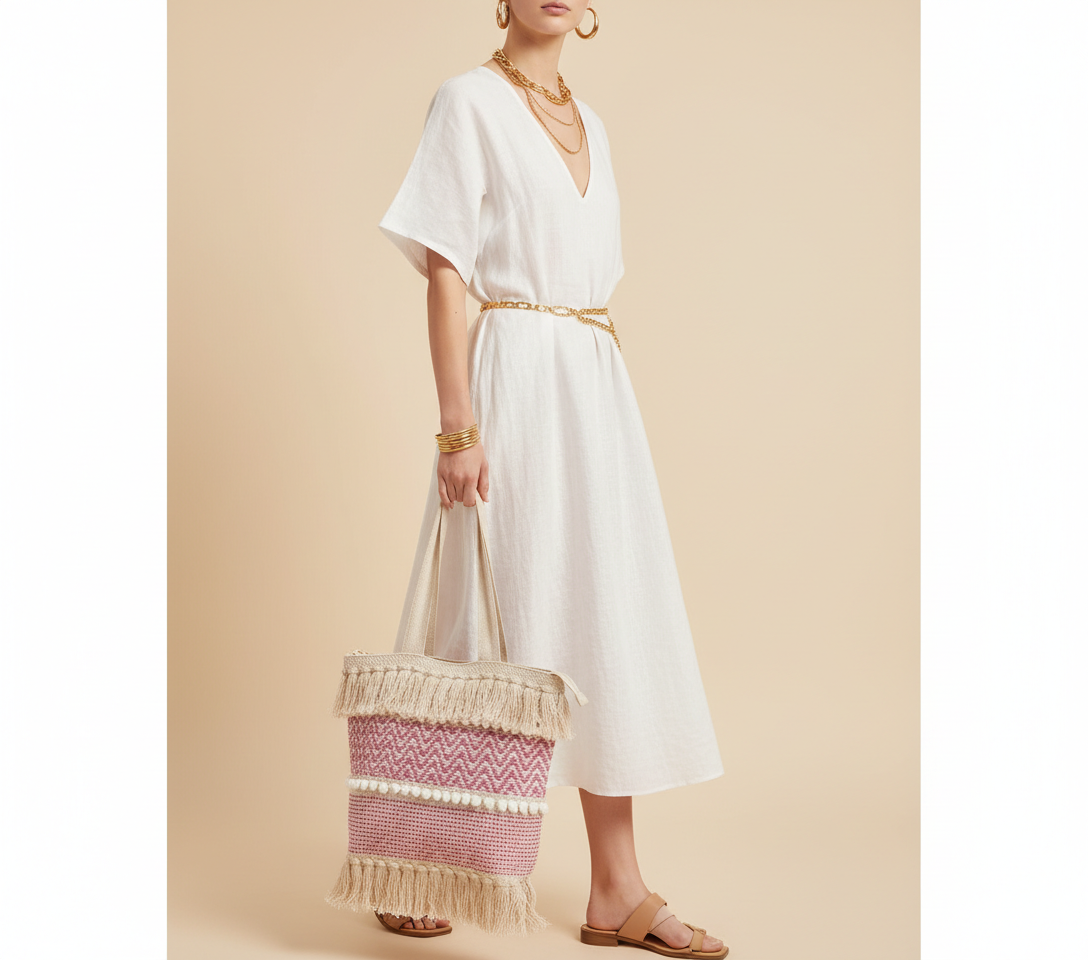 Woven Earth Rose Twill tote bag side view showing depth