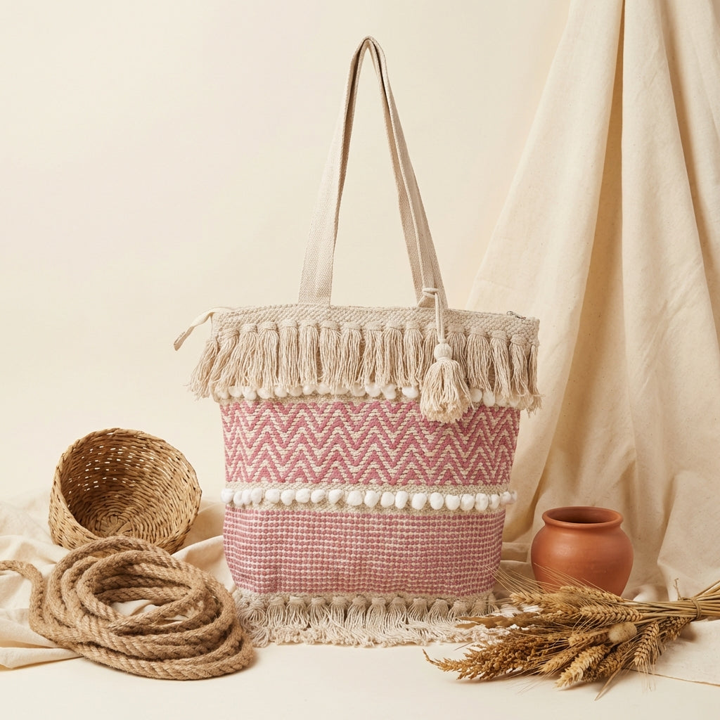 Close-up of Rose Twill artisan weave texture on tote bag