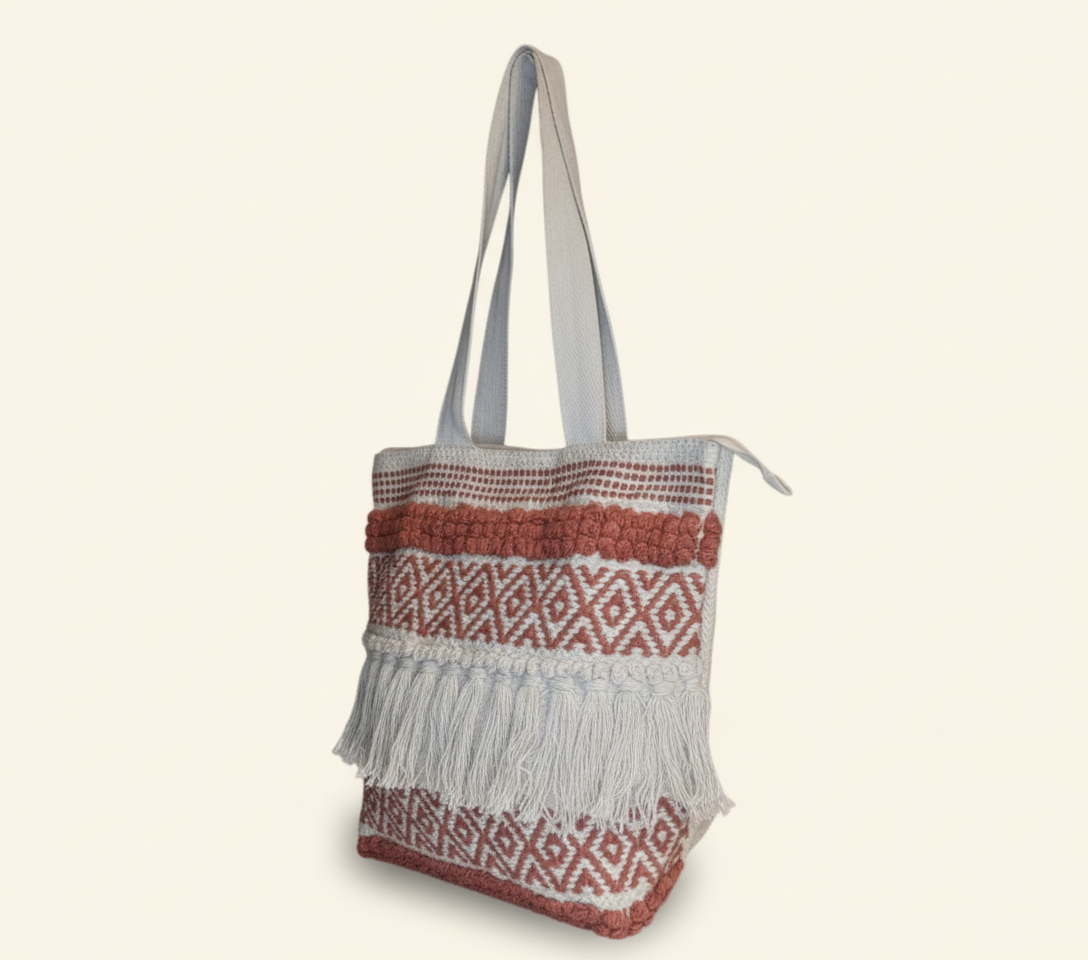 Woven Earth Crimson Weave tote bag isometric angle