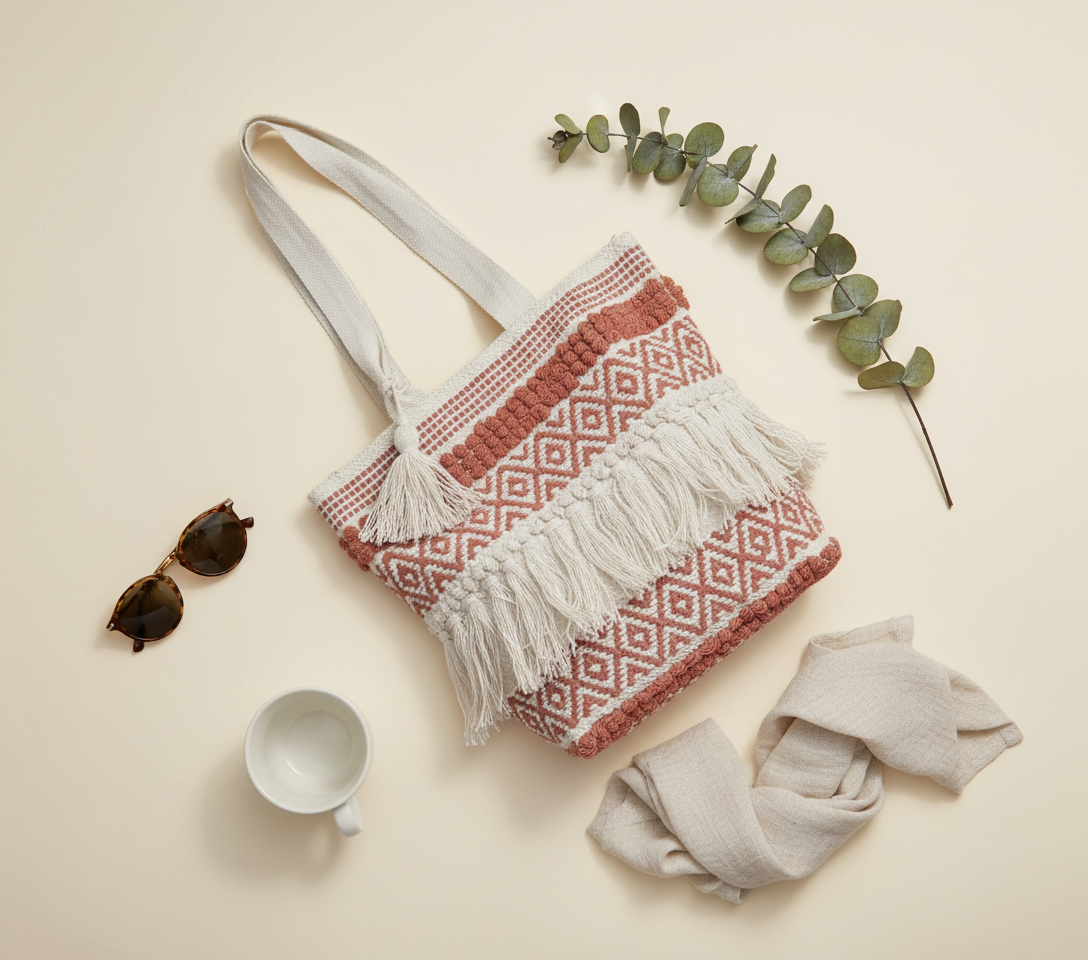 Model carrying Woven Earth Crimson Weave tote bag — boho style