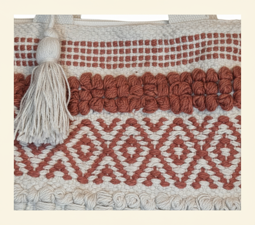Model walking with Woven Earth Crimson Weave tote bag — lifestyle shot