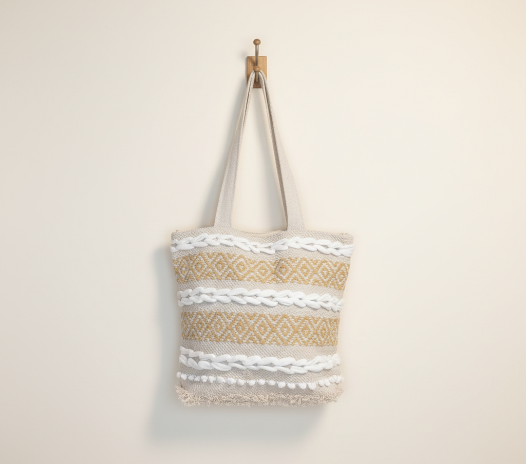 Woven Earth Ochre Lattice tote bag front view — Mystic Dhaga