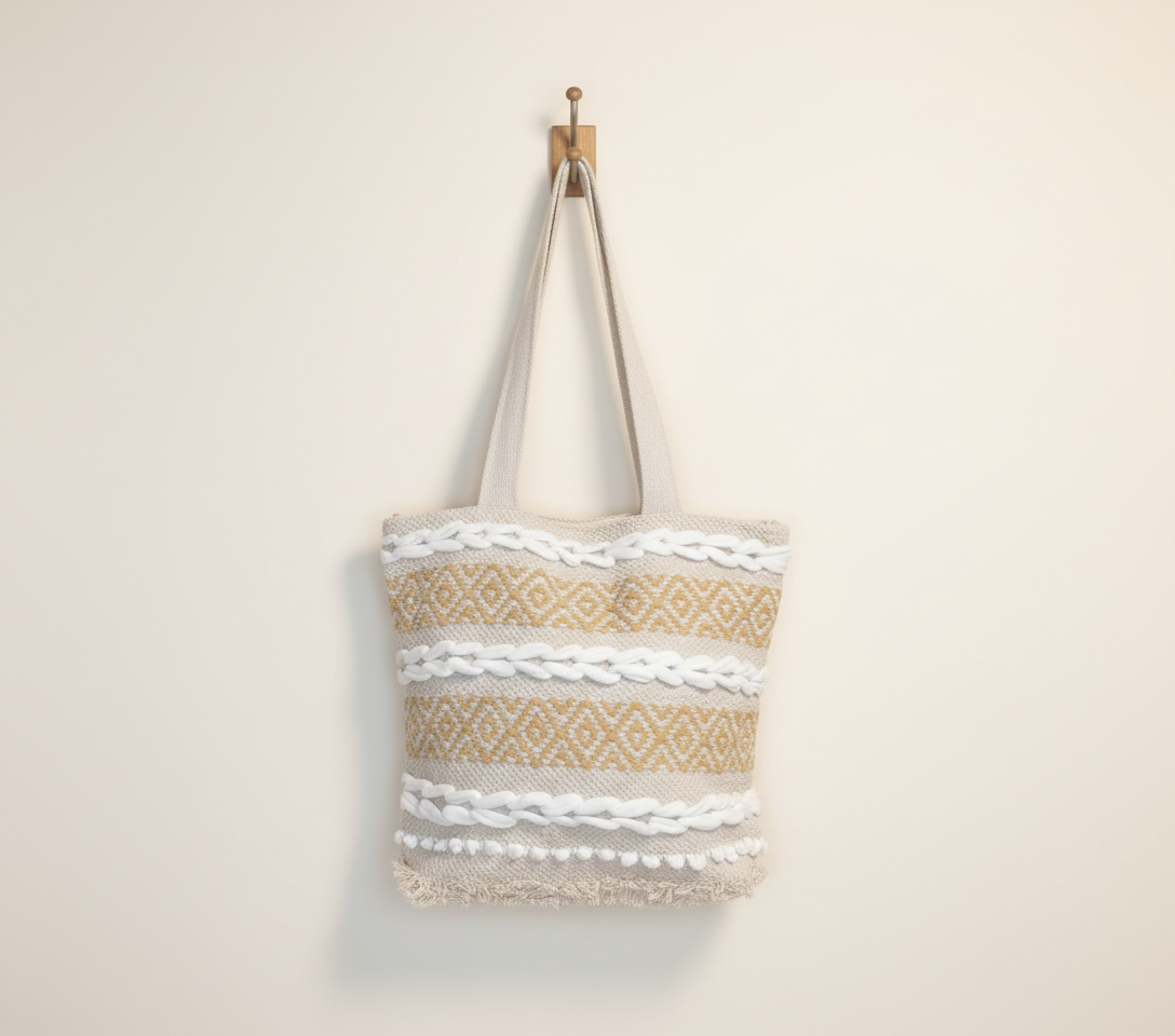 Woven Earth Ochre Lattice tote bag front view — Mystic Dhaga