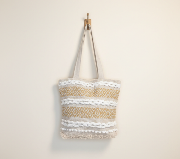 Woven Earth Ochre Lattice tote bag front view — Mystic Dhaga