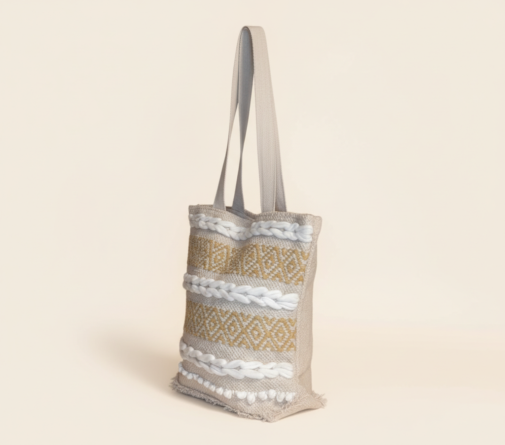 Woven Earth Ochre Lattice tote bag side view showing depth