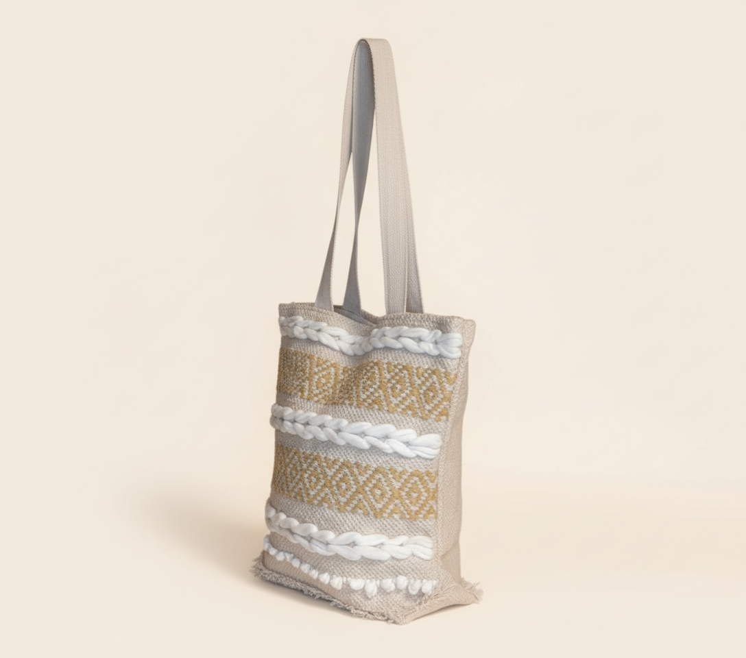 Woven Earth Ochre Lattice tote bag side view showing depth