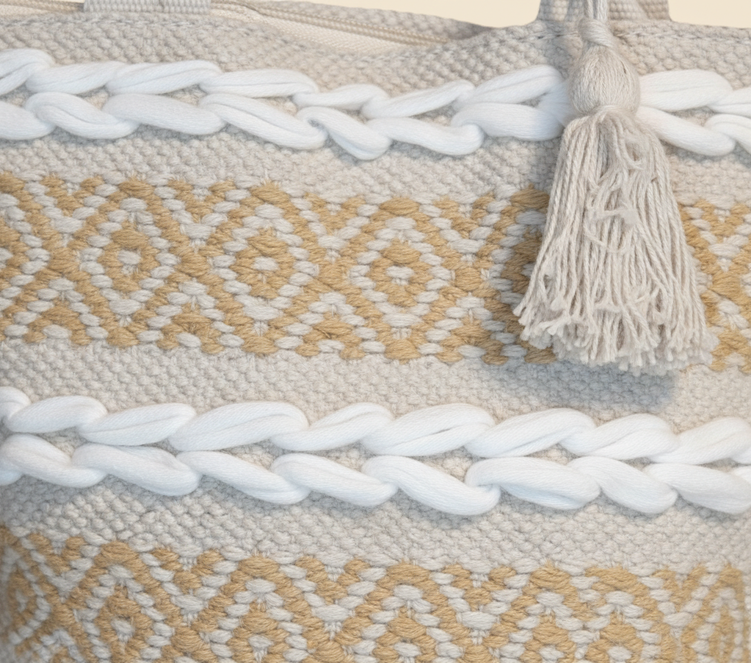 Woven Earth Ochre Lattice tote bag isometric angle