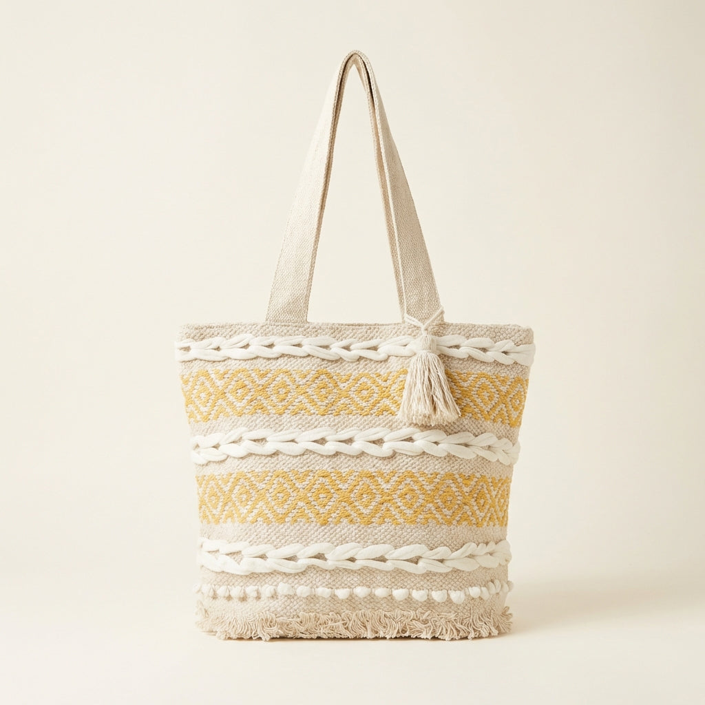 Close-up of Ochre Lattice artisan weave texture on tote bag