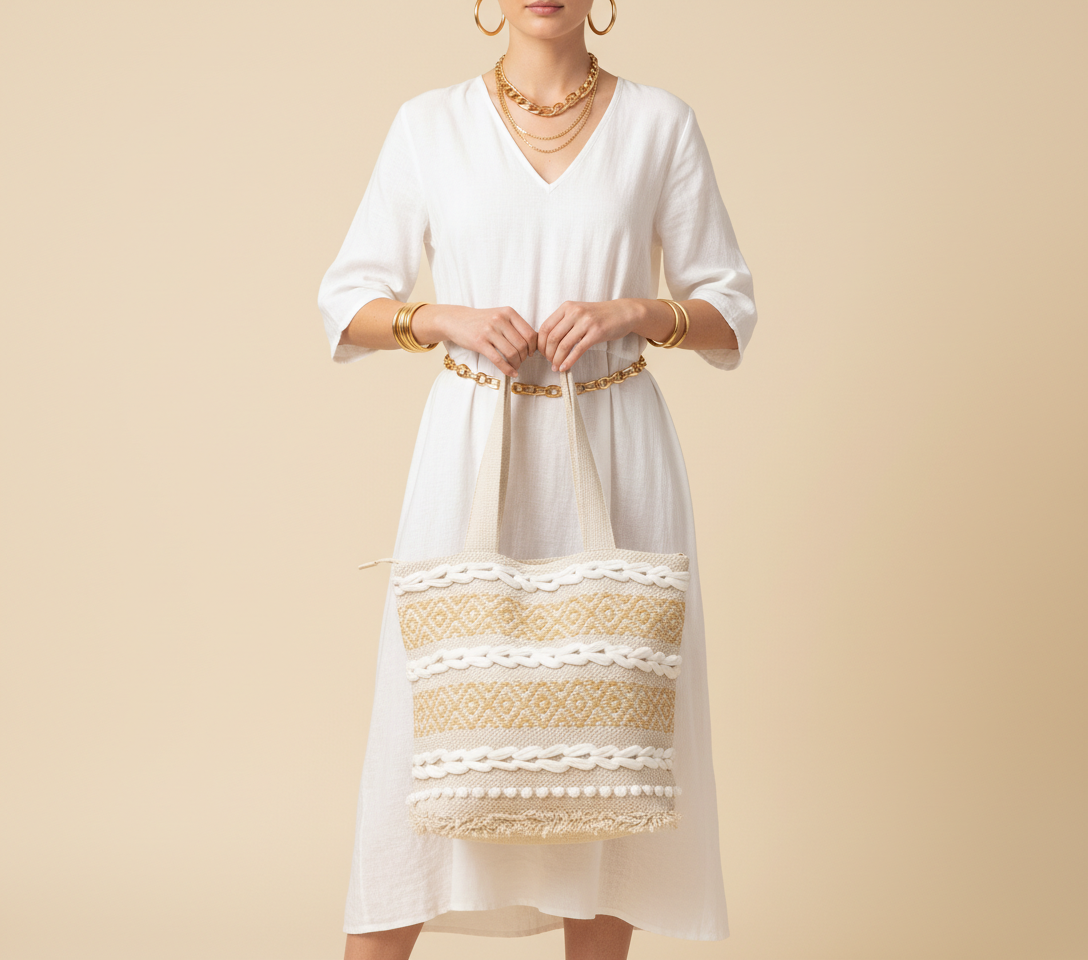 Model carrying Woven Earth Ochre Lattice tote bag — boho style