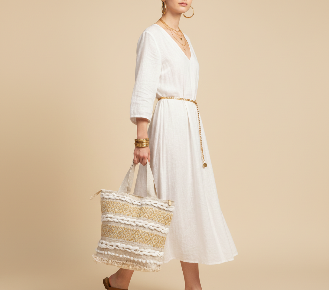 Model walking with Woven Earth Ochre Lattice tote bag — lifestyle shot