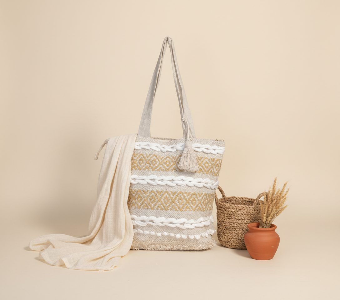 Woven Earth Ochre Lattice tote bag alternate angle
