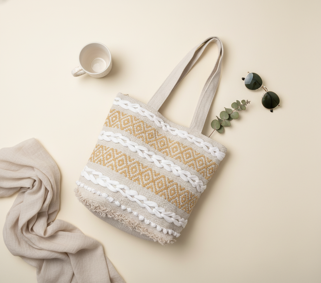 Woven Earth Ochre Lattice tote bag detail shot